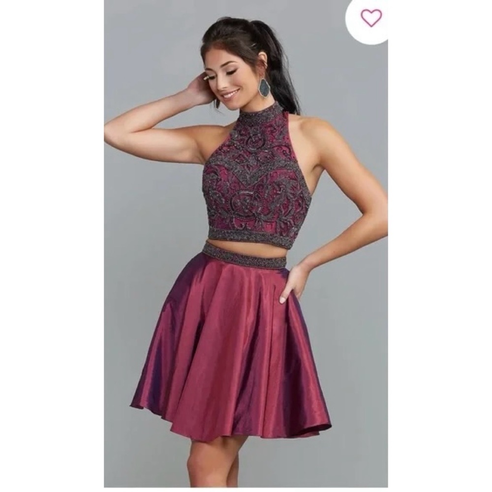 Sherri Hill Two Piece Beaded Halter Crop Top size 4 Purple Plum Prom Homecoming
